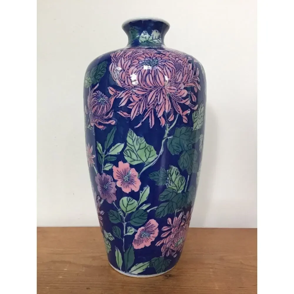 Vintage Chrysanthemum Blue Pink Chinese Handpainted Porcelain Urn Jar Vase 12